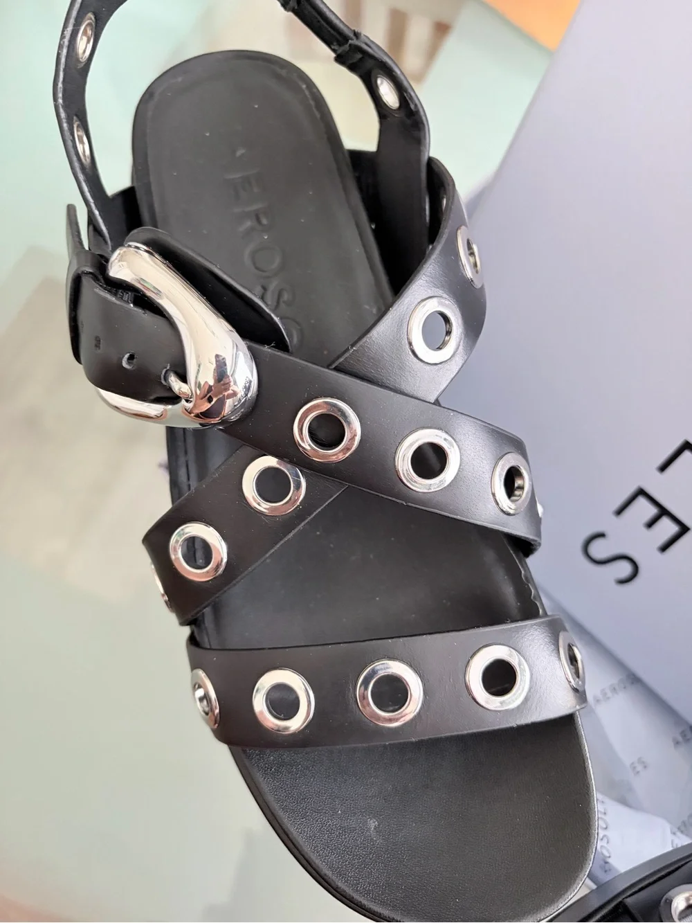 AEROSOLES Black Grommet Buckle Platform Sandals